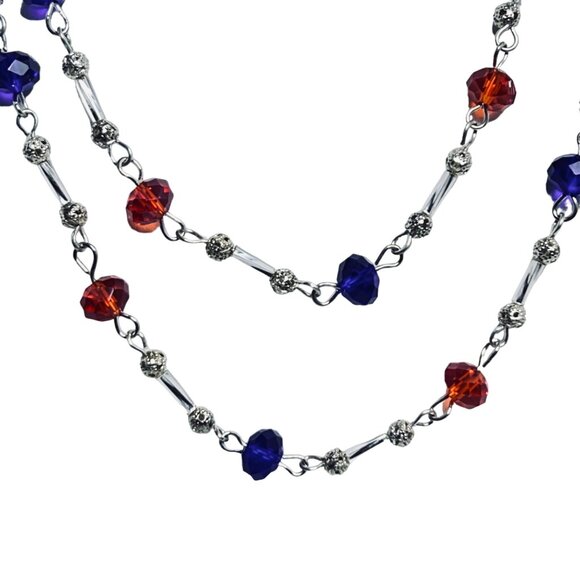 Single Strand Silver Tone With Orange And Blue Beaded Necklace (5481) - Picture 7 of 10